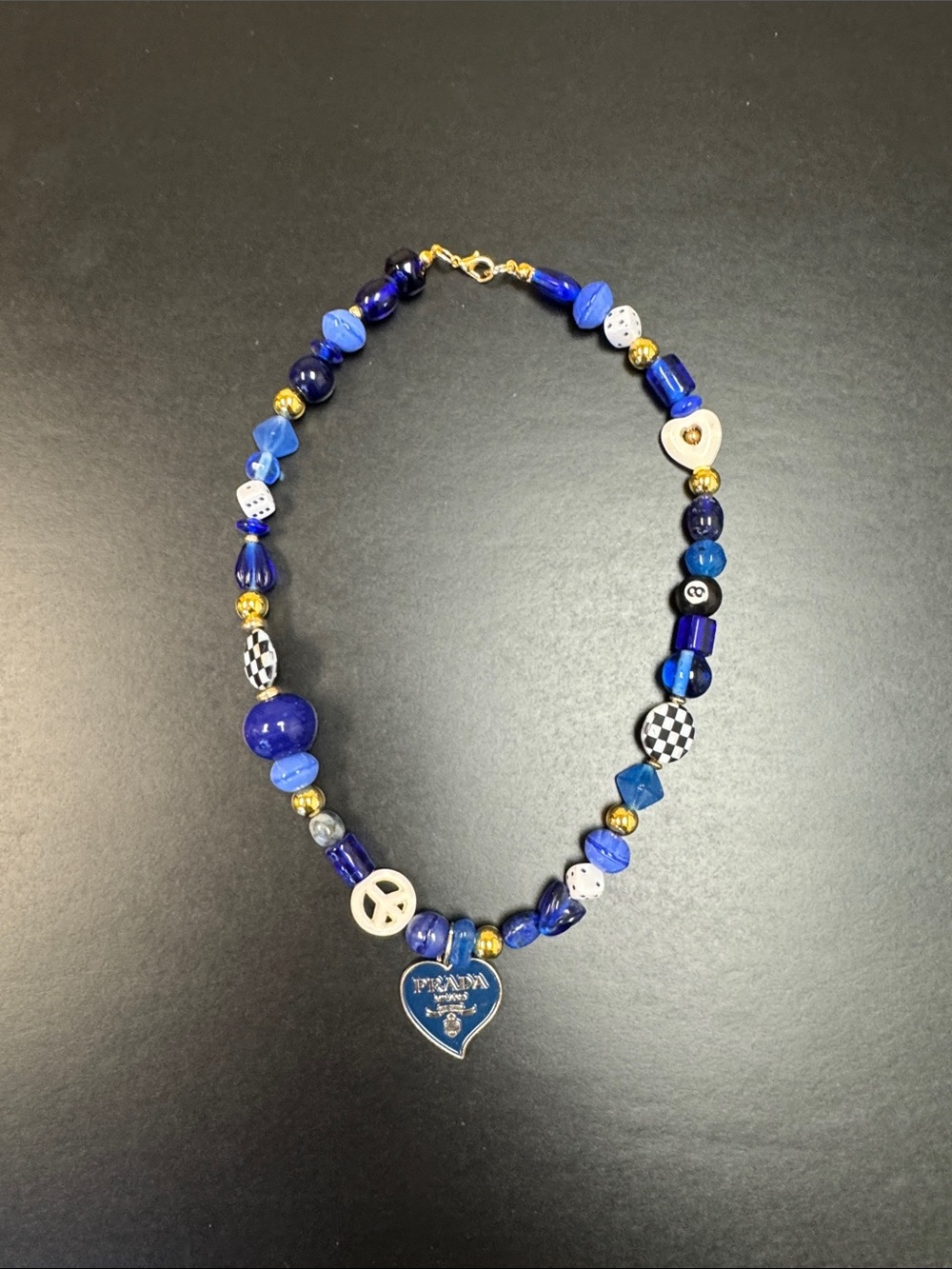 Blue And White Beaded Heart Charm Necklace